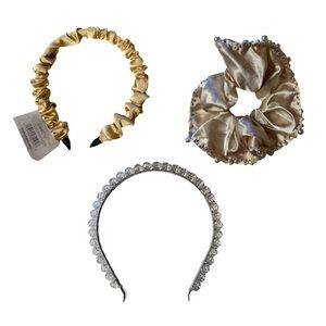 Gold & Jeweled Headband with Pearl accent champagne colored Scrunchie.